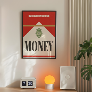 Modern urban artwork inspired by Marlboro Red, featuring red and white design with black text and 'For the Love of Money' theme, displayed in a premium black wooden frame.