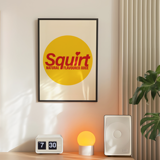 Retro Squirt poster featuring bold yellow and red colors in a vintage style beverage advertisement, displaying a graphic design with the word 'Squirt' prominently in a playful font and the phrase 'Natural Flavoured Juice' in a classic style, crafted from print and ink on paper, suitable for home or office decor, designed to evoke nostalgia and charm with its vibrant colors and large text, perfect for adding personality to living spaces with retro flair and classic beverage themes, an engaging