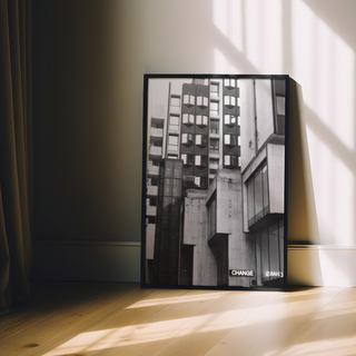 Black and white photographic art print featuring a Brutalist architecture cityscape with bold geometric shapes and industrial design elements. The photograph presents striking contrasts and shadows in an urban environment, offering a modern and contemporary visual style. Ideal for home decor, this print brings a sense of modernity and architectural elegance to living spaces. Perfect for those who appreciate unique urban photography and minimalist design aesthetics, reflecting the character of