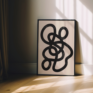 Minimalist artwork featuring a black interwoven design on a beige background, displayed in a premium black wooden frame.