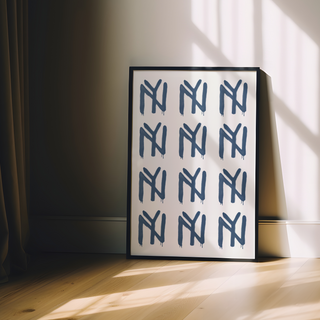 This image displays an abstract wall art piece featuring a geometric pattern in blue ink. The print showcases a modern style, making it an ideal addition to any living room or creative space. The bold design consists of repetitive geometric elements, which give the artwork a unique and contemporary appearance. The ink creates a vibrant blue color that stands out, perfect for modern decor enthusiasts seeking to enhance their interiors with striking and sophisticated pieces. featuring premium