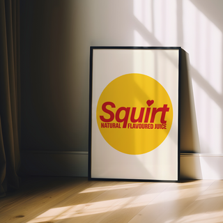 Retro Squirt poster featuring bold yellow and red colors in a vintage style beverage advertisement, displaying a graphic design with the word 'Squirt' prominently in a playful font and the phrase 'Natural Flavoured Juice' in a classic style, crafted from print and ink on paper, suitable for home or office decor, designed to evoke nostalgia and charm with its vibrant colors and large text, perfect for adding personality to living spaces with retro flair and classic beverage themes, an engaging