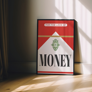 Modern urban artwork inspired by Marlboro Red, featuring red and white design with black text and 'For the Love of Money' theme, displayed in a premium black wooden frame.