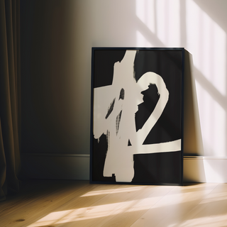 Painted black and white abstract brush mark art print. White brush marks on black background. Displayed in a black wooden premium frame.