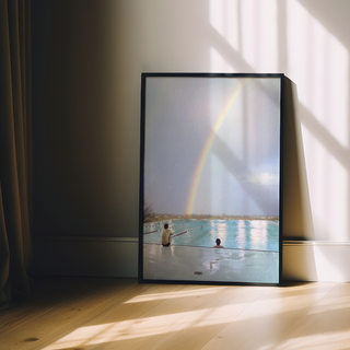 Urban film photography poster featuring a collage of a swimming pool with a rainbow, displayed in a premium black wooden frame.