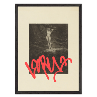 Vintage sepia photograph of nude lady with red graffiti mark overlaid placed on beige background poster. Displayed in a premium black wooden frame.