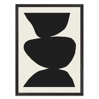 Minimalist black and white abstract poster with three bold black shapes stacked against a clean white background, showcased in a premium black wooden frame.
