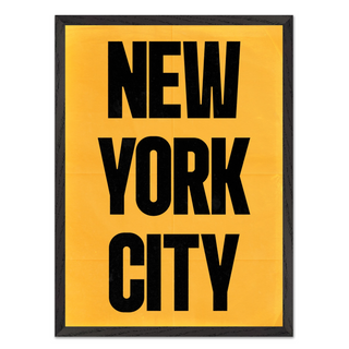 Urban New York poster with black text 'New York City' on a yellow background. Displayed in a premium wooden black frame.