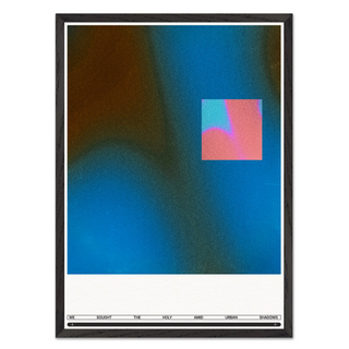Abstract blue and pink wall art with typography. Displayed in a black wooden frame.