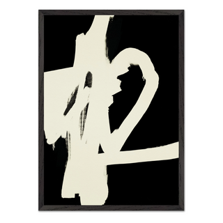 Painted black and white abstract brush mark art print. White brush marks on black background. Displayed in a black wooden premium frame.