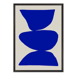 Cobalt blue abstract art with blue shapes on a beige background. Displayed in a black wooden frame.