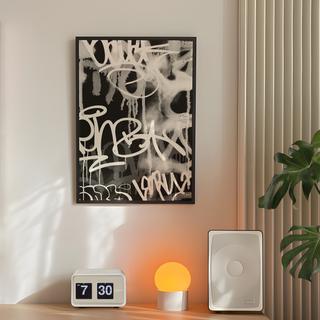 Black, white and grey graffiti spray paint abstract art print with graffiti-style text displayed in a black wooden frame. Placed on a wall in a minimal bedroom next to plant, speakers and lamp.