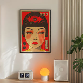 Vintage-style poster featuring a stylized Japanese lady’s face with bold red and black text on a red background, displayed in a premium black wooden frame.