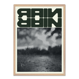 Framed modern urban artwork featuring green text saying 'rain' over a black and white pixelated abstract design, displayed in a premium oak wooden frame.