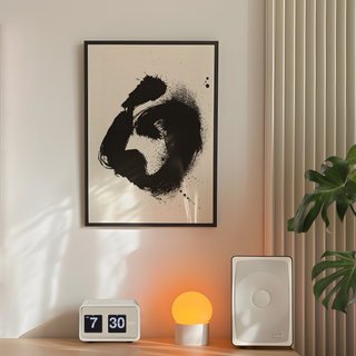 Abstract black poster featuring a dynamic ink splatter design, perfect for modern or minimalist interiors, displayed in a sleek premium wooden black frame.