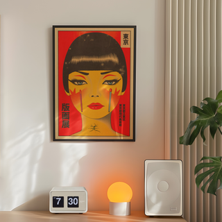 Vintage-style Japanese poster featuring a stylized lady's face on a red background with an urban aesthetic, displayed in a premium black wooden frame.