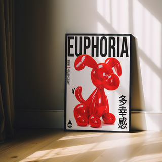 Bold Japanese style exhibition poster of red balloon dog sculpture with 'Euphoria' text on a white background. Displayed in a black premium wooden frame.