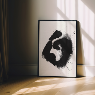 Abstract black poster featuring a dynamic ink splatter design, perfect for modern or minimalist interiors, displayed in a sleek premium wooden black frame.