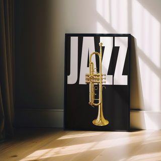 Black background Jazz music typography poster with gold trumpet and 'Jazz' text. Framed in a black wooden frame.