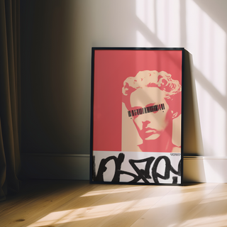 Graffiti red black and white poster featuring a sculpture face of a woman stylized. Graffiti style marks. Displayed in a black wooden frame.