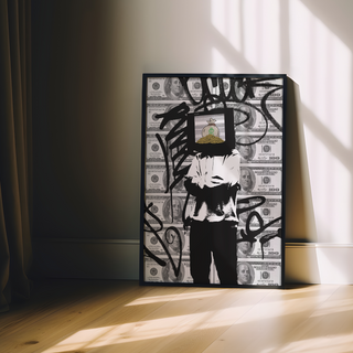 Urban banksy inspired graffiti wall art featuring dollar bills as the background a figure of a man with a tv on his head with cash inside. Thought provoking street urban poster. Displayed in a premium black wooden frame.