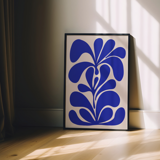 Hand drawn botanical floral abstract blue illustration on a beige background. Displayed in a black wooden frame.
