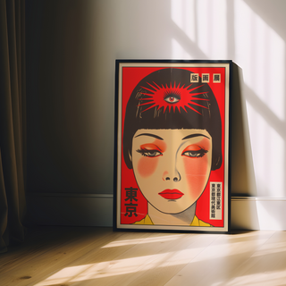 Vintage-style poster featuring a stylized Japanese lady’s face with bold red and black text on a red background, displayed in a premium black wooden frame.