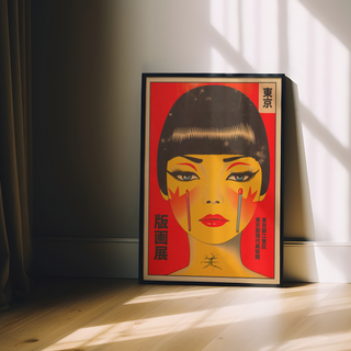 Vintage-style Japanese poster featuring a stylized lady's face on a red background with an urban aesthetic, displayed in a premium black wooden frame.