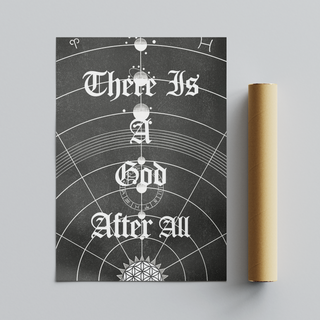 Black and white urban typography poster with white text and symbols saying "there is a good after all". Placed next to a cardboard brown tube packaging roll.