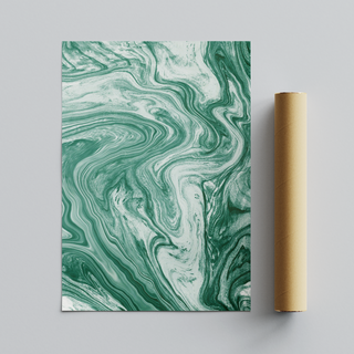 Modern minimalist artwork featuring a green and white marbled pattern, displayed next to brown cardboard tube packaging.