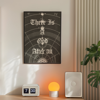 Black and white urban typography poster with white text and symbols saying "there is a good after all". Displayed in a black wooden frame. Placed in a minimalistic bedroom next to speakers, lamp and plant.