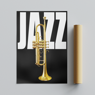 Black background Jazz music typography poster with gold trumpet and 'Jazz' text. Placed next to a brown cardboard packaging roll tube. 