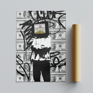 Urban banksy inspired graffiti wall art featuring dollar bills as the background a figure of a man with a tv on his head with cash inside. Thought  provoking street urban poster. Placed next to a brown cardboard tube roll packaging. 