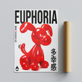 Bold Japanese style exhibition poster of  red balloon dog sculpture with 'Euphoria' text on a white background. Displayed next to a cardboard tube packaging. 
