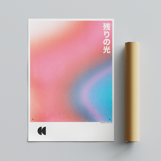 Framed graphic design print with Japanese text on a white background and a red, pink, and blue gradient. Placed next to cardboard tube roll packaging. 