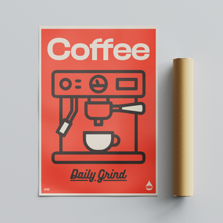 Red Poster with coffee machine illustration and 'Coffee Daily Grind' text on a red background. Brown tube packaging placed next to it. 