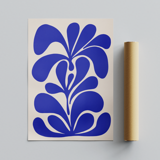 Hand drawn botanical floral abstract blue illustration on a beige background. Next to a cardboard tube packaging roll. 