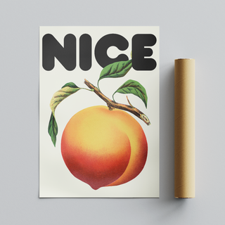Framed artwork featuring a vintage-style peach and leaves with the word 'NICE' in bold text on a beige background, displayed next to cardboard brown packaging tube. 