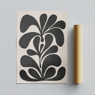 Bold abstract black floral botanical pattern illustration on beige background poster next to cardboard tube roll packaging. 