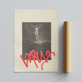 Vintage sepia photograph of nude lady with red graffiti mark overlaid placed on beige background poster. Placed next to brown cardboard tube roll packaging. 