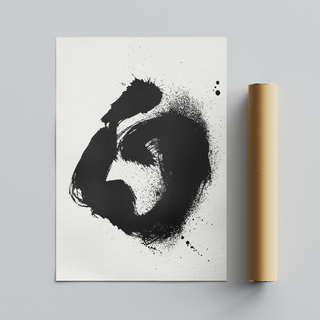 Abstract black poster featuring a dynamic ink splatter design, perfect for modern or minimalist interiors, displayed next to cardboard brown tube packaging. 