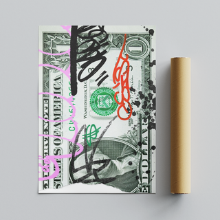 Dollar Bill poster displayed beside a brown cardboard packaging tube on a gray backdrop.