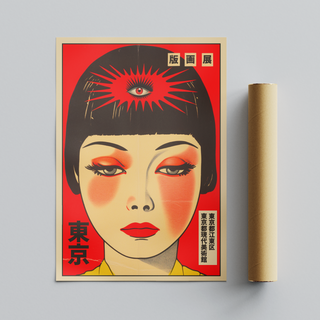 Vintage-style poster featuring a stylized Japanese lady’s face with bold red and black text on a red background, displayed next to cardboard tube packaging. 