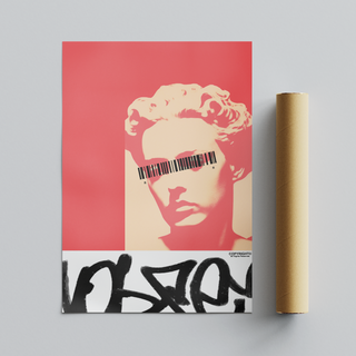 Graffiti red black and white poster featuring a sculpture face of a woman stylized. Graffiti style marks. Placed next to a brown cardboard tube roll packaging. 