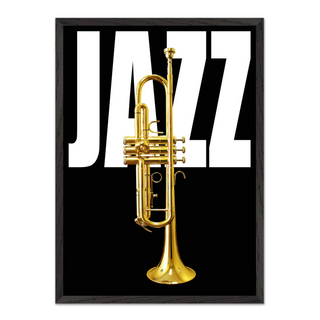 Black background Jazz music typography poster with gold trumpet and 'Jazz' text. Framed in a black wooden frame.