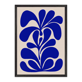 Hand drawn botanical floral abstract blue illustration on a beige background. Displayed in a black wooden frame. 