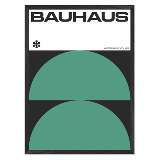 Bauhaus poster showcasing bold graphic design with geometric shapes in black and green, crafted on quality paper. Designed in a modern minimalist style reflecting the iconic Bauhaus Ausstelllung Expo 1923, this wall art piece is ideal for home or office decor, providing a striking visual impact. Featuring clean lines and dynamic forms, it appeals to art and design history enthusiasts, offering a unique decorative option. Perfect for creating a sophisticated and artistic ambiance. featuring