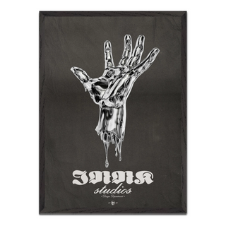 Black and white illustration of a melting silver hand on a black background with 'Innk Studios' branding in white text. Displayed in a black wooden frame. 