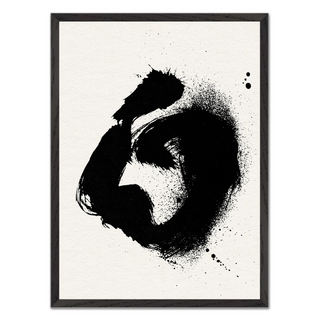 Abstract black poster featuring a dynamic ink splatter design, perfect for modern or minimalist interiors, displayed in a sleek premium wooden black frame.