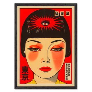 Vintage-style poster featuring a stylized Japanese lady’s face with bold red and black text on a red background, displayed in a premium black wooden frame.